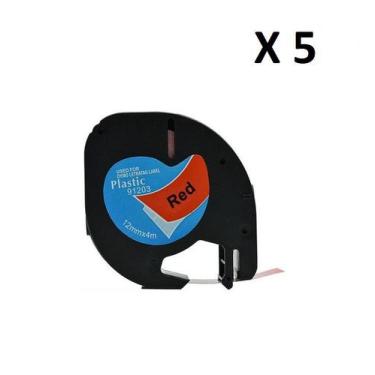 Imagem de Kit 5 Fitas Plástica Compatível Dymo Letratag 91203 Vermelha Letra Pre
