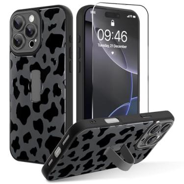 Imagem de OOK Capa para iPhone 16 Pro Max com protetor de tela, linda estampa de vaca com alça de dedo ajustável, proteção total para mulheres e homens, capa de telefone - preta