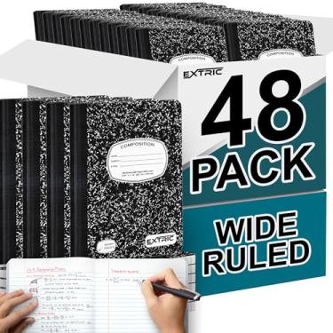 Imagem de EXTRIC Caderno de composição pautado amplo – Cadernos de composição para material escolar, pacote com 48 volumes, 200 páginas (100 folhas), cadernos escolares pautados largos, 25 x 19 cm, mármore