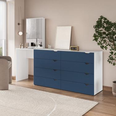 Imagem de Cômoda Penteadeira 8 Gavetas com Espelho Porto Azul/Branco