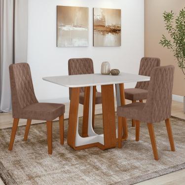 Imagem de Conjunto Sala de Jantar Mesa Easy Pop 120x80cm Tampo Vidro/MDF com 4 Cadeiras Seat Couro Morano Avelã Frassino/off White