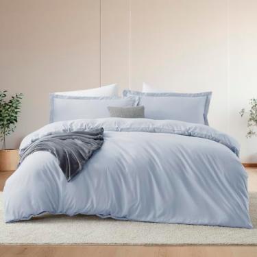 Imagem de Hearth & Harbor Conjunto de capa de edredom e lençol de cama queen size, azul gelo, 7 peças, macio escovado, inclui capa de edredom, lençol de cima, lençol com elástico, fronhas e fronhas