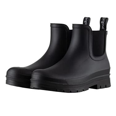 Imagem de Planone Botas de chuva curtas para mulheres, sapatos de jardim impermeáveis, botas de chuva Chelsea antiderrapantes para mulheres, palmilhas confortáveis, sapatos de chuva leves e elegantes para o tornozelo, sapatos de trabalho fosco ao ar livre, Preto, 9