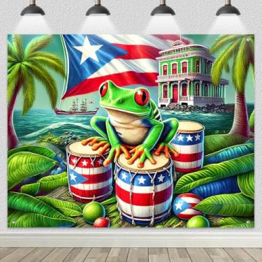 Imagem de BlissYard Bandeira de Porto Rico Bandeira Sapo Decoração Tropical Caribenha 2,4 x 1,8 m com bandeira de Porto Rico Tambores Palmeiras Perfeito para Decoração de Festa ao Ar Livre Decoração de Festa