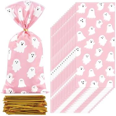 Imagem de 120 unidades de sacos de guloseimas de celofane fantasma de Halloween rosa sacos de doces de plástico para doces ou travessuras fantasmas com laços torcidos para lanches, lembrancinhas de festa