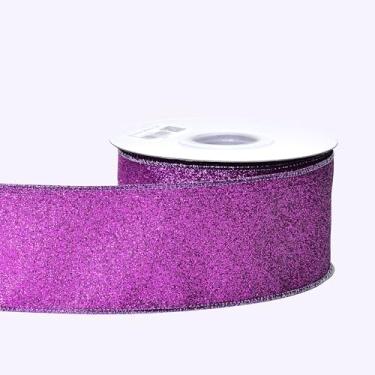 Imagem de YAMA Fita roxa com glitter para árvore de Natal 6,3 cm x 10 metros, fita metálica brilhante de Natal com fio para embrulho de presente, festa de casamento, laços de artesanato DIY e buquê de flores