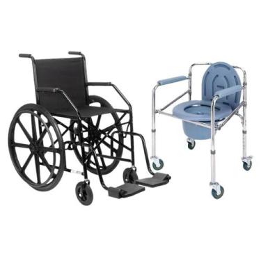 Imagem de Kit Cadeira de Rodas Simples Dobrável Mais Cadeira de Banho Com Comadr