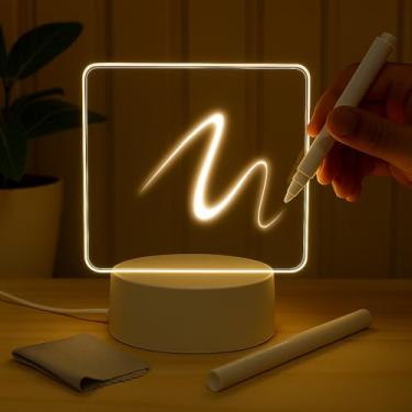Imagem de Luminária LED 3D com Lousa Mágica – Luz Noturna Decorativa com Caneta, Base USB Branca e Flanela – Para Quarto, Recados, Estudo ou Presente Criativo