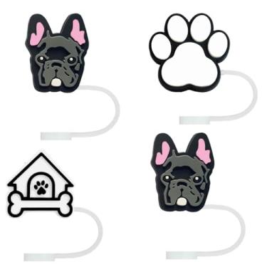 Imagem de STRACOUPI Tampa de palha de silicone French Bulldog para copos Stanley, acessório decorativo reutilizável, pacote com 4