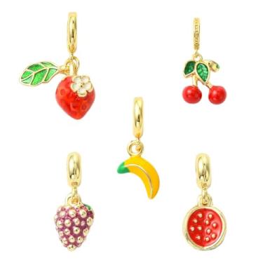 Imagem de UR URLIFEHALL 5 peças, 5 estilos, berloques europeus esmaltados de latão, banhado a ouro 18 K, banana, cereja, uva, furo grande, pingentes para fabricação de joias a granel
