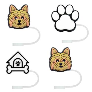 Imagem de STRACOUPI Yorkshire Terrier Tampa de palha de silicone para copos Stanley, acessório decorativo reutilizável, pacote com 4