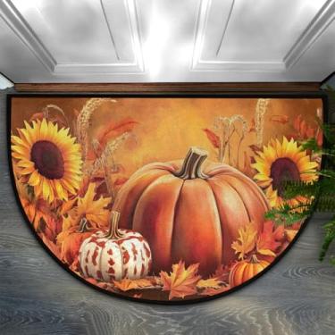 Imagem de Capacho para ambientes externos outono outono Dia de Ação de Graças Abóbora Tapete de porta meio redondo, antiderrapante absorvente tapete de entrada de boas-vindas, tapetes de decoração de varanda de