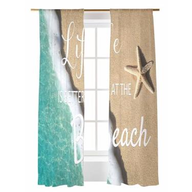 Imagem de Cortinas transparentes de estrela do mar com ondas do oceano azul, 203 cm, vida longa é melhor na praia, litoral, litoral, conjunto de 2 painéis, cortinas semitransparentes para sala de estar, quarto
