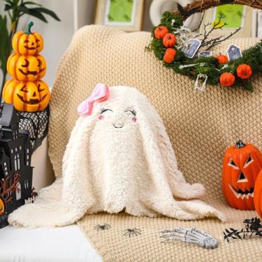 Imagem de GlikCeil Halloween Ghost with Pink Bow Pillow 11.8 Inch Cute Ghost Plush Toy for Women Adorable Soft Halloween Party Cozy Spooky Home Decoration Pillow Birthday Gift for Friend Family