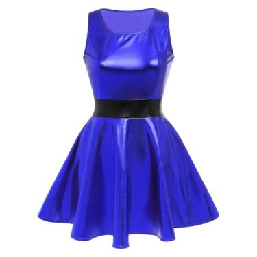 Imagem de IDOPIP Women's Shiny Metallic Dress Sexy Sleeveless Skater Mini Dress Short Wet Look Holographic Party Rave Dance Dress Night Clubwear Festival Alien Halloween Dress up Costume Royal Blue S