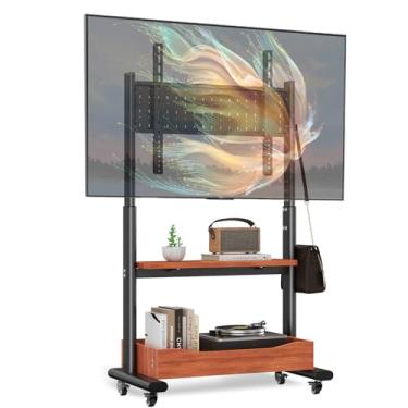 Imagem de Carrinho de TV móvel com suporte de TV com grande armário de armazenamento e armazenamento de pegboard para telas de 32 a 75 polegadas, suporte de TV portátil resistente sobre rodas, suporta até 59,9