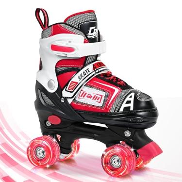 Imagem de Patins quadriciclos ajustáveis para crianças, adolescentes e adultos – rodas iluminadas – ajuste confortável, fecho seguro, patins internos e externos para meninos e meninas (vermelho, pequeno