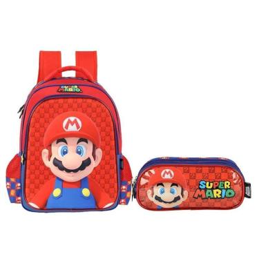 Imagem de Kit Mochila E Estojo Escolar Triplo Super Mario Azul - Maxlog