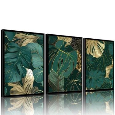 Imagem de Conjunto de arte de parede verde dourado emoldurado com 3 quadros botânicos de folhas tropicais decoração de parede com moldura preta impressões de pôsteres de plantas modernas para sala de estar