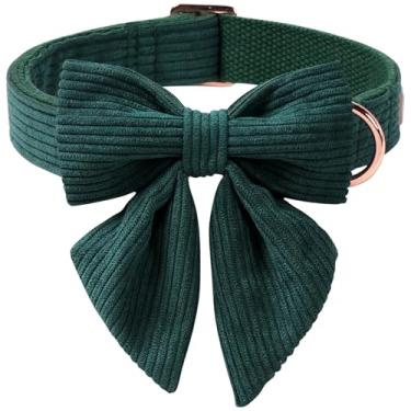 Imagem de Babole Pet Coleira de veludo cotelê com laço laday, coleiras ajustáveis para cães pequenos, médios e grandes, coleira verde de inverno e gravata borboleta PP