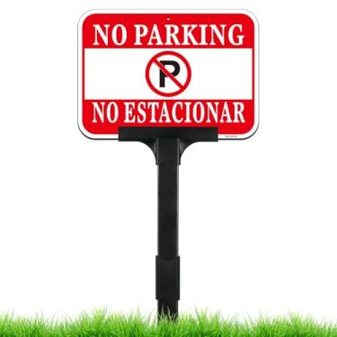 Imagem de Placa bilíngue sem estacionamento, inglês, espanhol, com estaca de altura ajustável, conjunto de 35,5 x 25,4 cm (14 x 10 pol.), alumínio de espessura de 50 mil, portátil, placa de não estacionamento