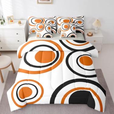 Imagem de Erosebridal Conjunto de edredom Queen abstrato laranja para adultos, mulheres, homens, círculos geométricos modernos, cama em uma bolsa, arte boho, listrado, conjunto de cama de 7 peças, preto e