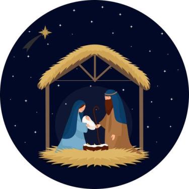 Imagem de Painel de Tecido Sublimado Redondo Maria e José Nascimento Jesus c/ El