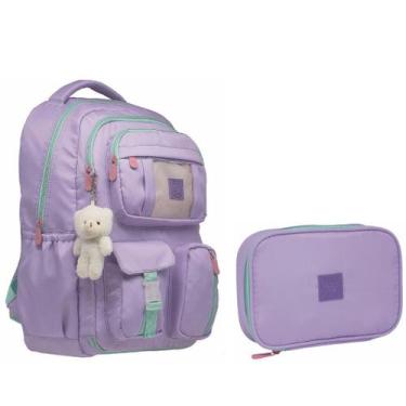Imagem de Kit Mochila Feminina Juvenil Escolar Com Estojo E Chaveiro Urso Abertu