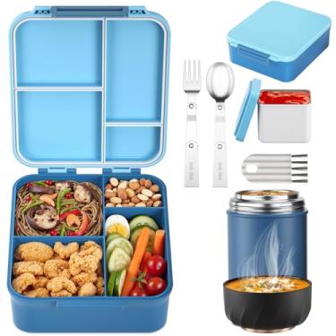 Imagem de Lancheira Bento para crianças com garrafa térmica de sopa de 500 ml, recipientes de comida à prova de vazamento com 4 compartimentos, materiais livres de BPA para meninas e meninos de volta às aulas.