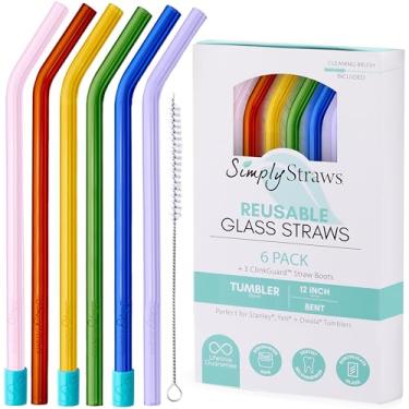 Imagem de Simply Straws Canudos de vidro de 30 cm dobrados (pacote com 6) – Canudos de vidro reutilizáveis para copo Stanley de 1,134 g, com escova de limpeza – Durável, seguro para lava-louças, uso quente e
