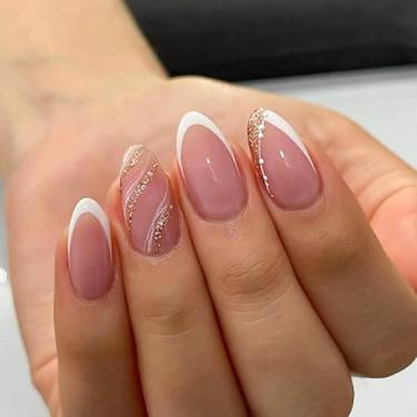 Imagem de RUOKEXIN Unhas postiças de ponta francesa, unhas postiças douradas com glitter, com desenhos, cola nas unhas, unhas curtas, unhas artificiais brilhantes, 24 peças