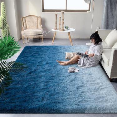 Imagem de DweIke Tapetes de luxo fofos para sala de estar, quarto, 20 x 25 cm, grande, gradiente, azul marinho, tapete para meninas e meninos, tapete felpudo de pelúcia antiderrapante e lavável para decoração