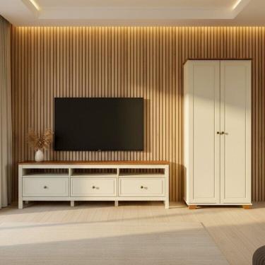 Imagem de Conjunto 2 Peças com 1 Rack e 1 Armário Madeira Maciça Ananda Cabecasa Madeiramadeira Off White/Mel