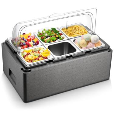 Imagem de Maxdot Bandeja térmica para servir gelo, 6 panelas, com tampa transparente e caixa isolante, recipiente para servir alimentos de aço inoxidável, bandeja de gelo, refrigerador para restaurante e