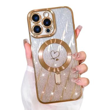 Imagem de Bonoma Capa com glitter para iPhone 16 Pro Max [compatível com MagSafe], capa brilhante com estampa de folhas magnéticas de coração de amor, proteção de câmera, capa traseira macia e brilhante para