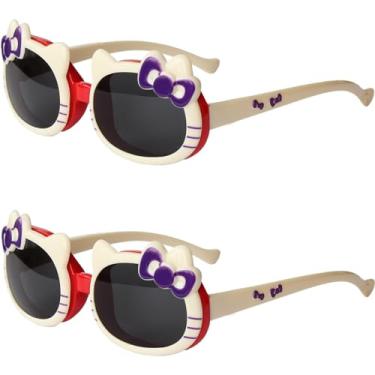 Imagem de Eyeglasstor Pacote Com 2 Óculos De Sol Hello Cute Cat Para Meninas, Dobráveis Crianças 3 A 8 Anos, Proteção Uv, Vermelho E Branco