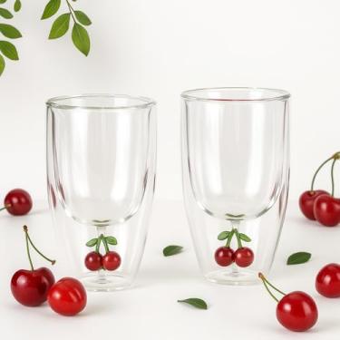 Imagem de Patelai 2 peças de copo de suco com ícone de cereja, copo de vidro de parede dupla de 293 ml, fundo de cereja, artigos de vidro fofos para bebida, suco, café, coquetel, chá, água, leite, presentes de