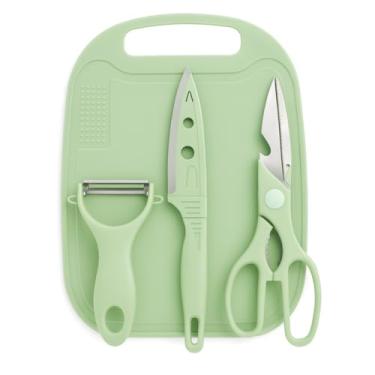 Imagem de Kit Utensílios de Cozinha 4 em 1 com Faca, Tesoura, Descascador e Tábua de Corte – Resistência, Praticidade e Durabilidade