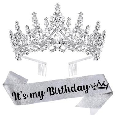 Imagem de Coroas de tiara de aniversário VELSCRUN Silver Crystal para mulheres e