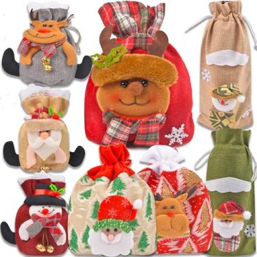 Imagem de Bolsa de presente de Natal com design 3D - 8 peças, sacos de presente com cordão de Natal, sacos de tecido, sacos de petiscos, sacos de vinho com Papai Noel, boneco de neve para presente reutilizável