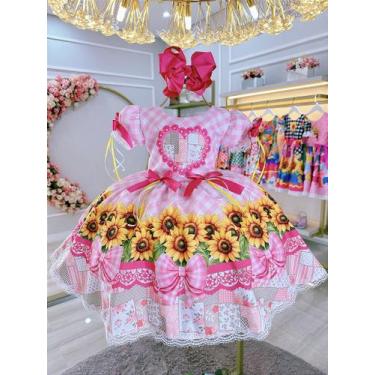 Imagem de Vestido Infantil Junino Caipira Folia Girassol Xadrez Rosa - Tamanho P