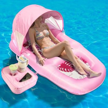 Imagem de Boia inflável para piscina com proteção solar UPF50+ e suporte de copo, 178 x 99 cm, boia de piscina extra grande coberta de tecido para adultos, cadeira reclinável de jangada para festa na piscina