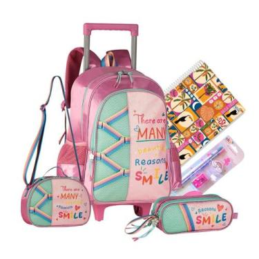 Imagem de Kit Mochila Escolar de Rodinhas Smile Glitter Arco Íris Lancheira Esto