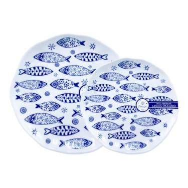 Imagem de Pratos de Melamina Azul com Estampa de Peixes Prato 22cm e 27cm Resistentes e Elegantes (1)