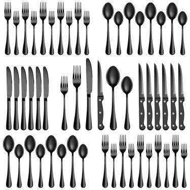 Imagem de Jogo de Talheres Preto 24 Peças com Facas de Churrasco MUTNITT, Aço Inox para 4 Pessoas...