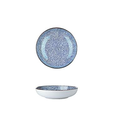 Imagem de Prato de serviço Pratos de jantar de porcelana de 16,7 cm elegantes padrões redondos de cerâmica para salada de bife, macarrão e sobremesa pratos de estilo japonês (azul) (Cor: latão, tamanho: 16,7