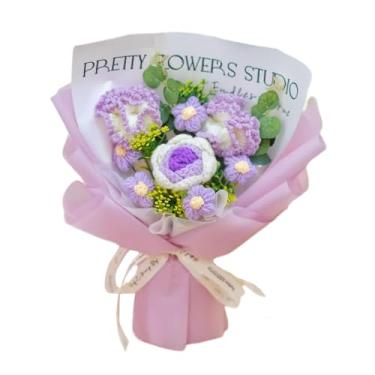 Imagem de Buquê de flores artificiais de crochê, flores tricotadas feitas à mão, presente para o dia dos namorados, dia das mães, aniversário, casamento, decoração de casa (1 rosa grande e 2 cravos grandes,