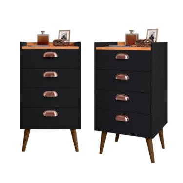 Imagem de Kit 2 Mesas De Cabeceira Retrô Organizadora Quarto Com 4 Gavetas Puxador Concha Mesa Lateral 70,5x37,5x33cm(PRETO/CEDRO)