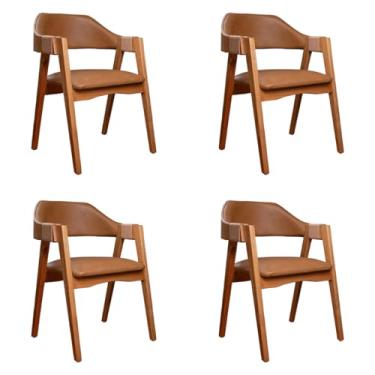 Imagem de Kit 4 Cadeiras de Jantar Com Encosto Curvo Base em Madeira Maciça Detalhe no Braço em Corda Nautica Couro Marrom - Emily