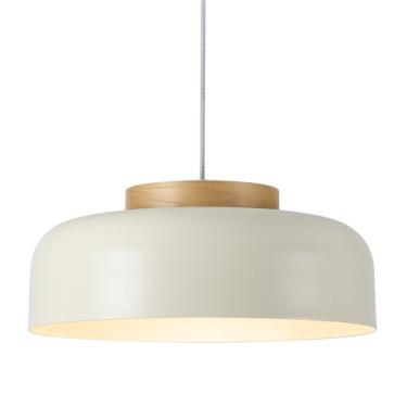 Imagem de Luminária pendente grande moderna, 45 cm, abajur creme, madeira natural, lustre simples para sala de jantar, mesa de cozinha